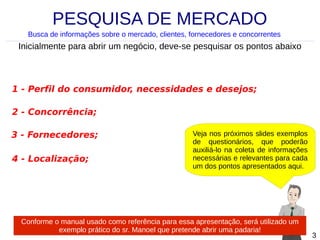 PESQUISA DE MERCADO
Busca de informações sobre o mercado, clientes, fornecedores e concorrentes

Inicialmente para abrir um negócio, deve-se pesquisar os pontos abaixo

1 - Perfil do consumidor, necessidades e desejos;
2 - Concorrência;
3 - Fornecedores;
4 - Localização;

Veja nos próximos slides exemplos
de questionários, que poderão
auxiliá-lo na coleta de informações
necessárias e relevantes para cada
um dos pontos apresentados aqui.

Conforme o manual usado como referência para essa apresentação, será utilizado um
exemplo prático do sr. Manoel que pretende abrir uma padaria!

3

 