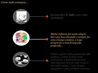 Como tudo começou... Em setembro de  1981 , com o meu nascimento. Minha infância foi muito alegre, tive uma boa educação e sempre fui uma criança criativa, o Lego sempre foi o meu brinquedo preferido... Enfim, a parte mais gostosa da vida acabou, e entrei na fase mais turbulenta, a Adolescência onde não sabemos nem de onde vimos e pra onde vamos, e com 16 anos conquistei o meu primeiro emprego. 