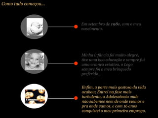 Como tudo começou... Em setembro de  1981 , com o meu nascimento. Minha infância foi muito alegre, tive uma boa educação e sempre fui uma criança criativa, o Lego sempre foi o meu brinquedo preferido... Enfim, a parte mais gostosa da vida acabou; Entrei na fase mais turbulenta, a Adolescência onde não sabemos nem de onde viemos e pra onde vamos, e com 16 anos conquistei o meu primeiro emprego. 