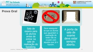 Prova Oral
Sala de
espera para
os alunos
antes de
entrar na
sala de
realização do
Speaking.
Deve assegurar-
se que os alunos
que aguardam a
realização do
teste não se
cruzam com
aqueles que já o
fizeram.
A porta da
sala de
exame
deve estar
sempre
aberta.
Escola Sec / 3 Martinho Árias - SOURE 32
 