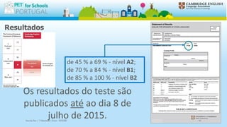 Resultados
Os resultados do teste são
publicados até ao dia 8 de
julho de 2015.
de 45 % a 69 % - nível A2;
de 70 % a 84 % - nível B1;
de 85 % a 100 % - nível B2
Escola Sec / 3 Martinho Árias - SOURE 61
 