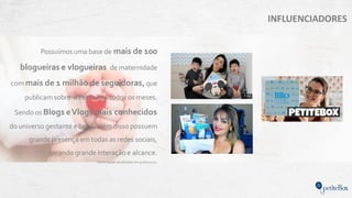 INFLUENCIADORES
Possuímos uma base de mais de 100
blogueiras e vlogueiras de maternidade
com mais de 1 milhão de seguidoras, que
publicam sobre a PetiteBox todos os meses.
Sendo os Blogs eVlogs mais conhecidos
do universo gestante e bebê, além disso possuem
grande presença em todas as redes sociais,
gerando grande interação e alcance.
Informações atualizadas em junho/2017.
 