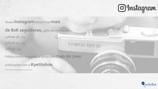 NossoInstagram possui hoje mais
de 80K seguidores, 93% são mulheres.
21% de 18 – 24
52% de 25 – 34
21% 35 – 44
Público muito engajado, e conta com mais de 7000
publicações com a #petitebox.
Informações atualizadas em Junho/2017.
 