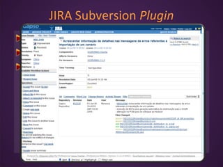 JIRA Subversion Plugin
Integração JIRA + Subversion
Informações sobre os commits
Rastreabilidade vertical
 