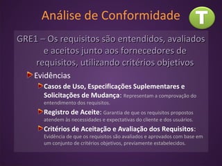 Análise de Conformidade
GRE1 – Os requisitos são entendidos, avaliadosGRE1 – Os requisitos são entendidos, avaliados
e aceitos junto aos fornecedores dee aceitos junto aos fornecedores de
requisitos, utilizando critérios objetivosrequisitos, utilizando critérios objetivos
Evidências
Casos de Uso, Especificações Suplementares e
Solicitações de Mudança: Representam a comprovação do
entendimento dos requisitos.
Registro de Aceite: Garantia de que os requisitos propostos
atendem às necessidades e expectativas do cliente e dos usuários.
Critérios de Aceitação e Avaliação dos Requisitos:
Evidência de que os requisitos são avaliados e aprovados com base em
um conjunto de critérios objetivos, previamente estabelecidos.
 