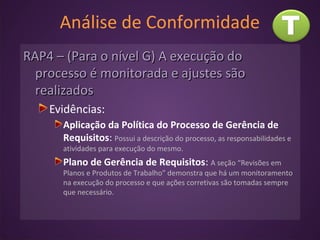 Análise de Conformidade
RAP4 – (Para o nível G) A execução doRAP4 – (Para o nível G) A execução do
processo é monitorada e ajustes sãoprocesso é monitorada e ajustes são
realizadosrealizados
Evidências:
Aplicação da Política do Processo de Gerência de
Requisitos: Possui a descrição do processo, as responsabilidades e
atividades para execução do mesmo.
Plano de Gerência de Requisitos: A seção “Revisões em
Planos e Produtos de Trabalho” demonstra que há um monitoramento
na execução do processo e que ações corretivas são tomadas sempre
que necessário.
 