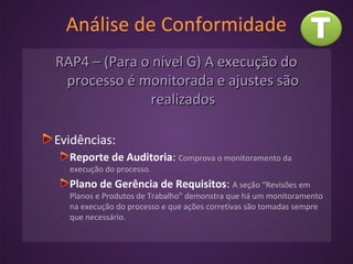 Análise de Conformidade
RAP4 – (Para o nível G) A execução doRAP4 – (Para o nível G) A execução do
processo é monitorada e ajustes sãoprocesso é monitorada e ajustes são
realizadosrealizados
Evidências:
Reporte de Auditoria: Comprova o monitoramento da
execução do processo.
Plano de Gerência de Requisitos: A seção “Revisões em
Planos e Produtos de Trabalho” demonstra que há um monitoramento
na execução do processo e que ações corretivas são tomadas sempre
que necessário.
 