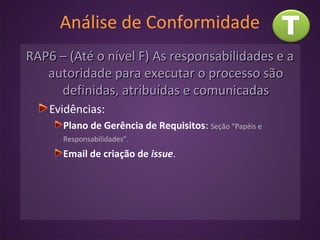 Análise de Conformidade
RAP6 – (Até o nível F) As responsabilidades e aRAP6 – (Até o nível F) As responsabilidades e a
autoridade para executar o processo sãoautoridade para executar o processo são
definidas, atribuídas e comunicadasdefinidas, atribuídas e comunicadas
Evidências:
Plano de Gerência de Requisitos: Seção “Papéis e
Responsabilidades”.
Email de criação de issue.
 