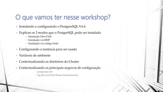 O que vamos ter nesse workshop?
• Instalando e configurando o PostgresSQL 9.6.6
• Explicar os 3 modos que o PostgreSQL pode ser instalado
• Instalação One-Click
• Instalação via RMP
• Instalação via código fonte
• Configurando a instância para ser usada
• Variáveis de ambiente
• Contextualizando os diretórios do Cluster
• Contextualizando os principais arquivos de configuração
• postgresql.conf
• Pg_hba.conf (Host-Based Authentication)
 