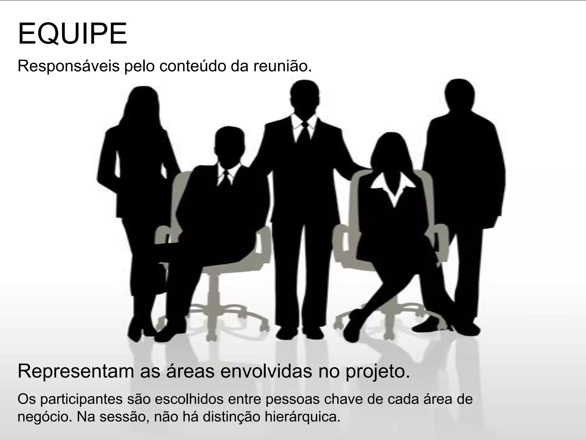 EQUIPEResponsáveis pelo conteúdo da reunião.Representam as áreas envolvidas no projeto.Os participantes são escolhidos entre pessoas chave de cada área de negócio. Na sessão, não há distinção hierárquica.