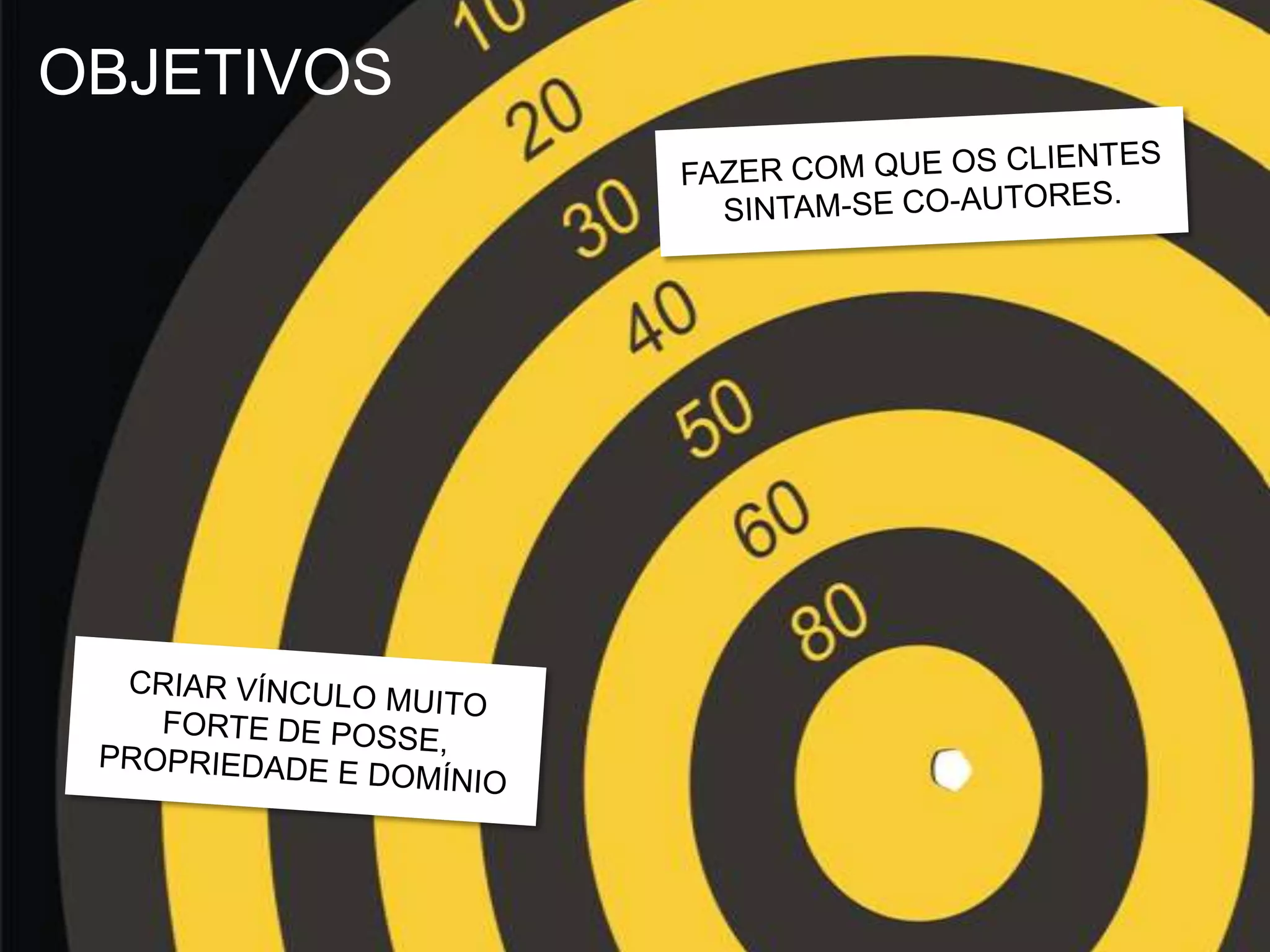 OBJETIVOSFAZER COM QUE OS CLIENTESSINTAM-SE CO-AUTORES.CRIAR VÍNCULO MUITOFORTE DE POSSE,PROPRIEDADE E DOMÍNIO