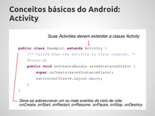 Conceitos básicos do Android:
Activity
 