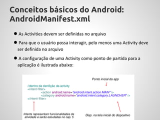 Conceitos básicos do Android:
AndroidManifest.xml
 ● As Activities devem ser definidas no arquivo
 ● Para que o usuário possa interagir, pelo menos uma Activity deve
  ser definida no arquivo
 ● A configuração de uma Activity como ponto de partida para a
  aplicação é ilustrada abaixo:
 
