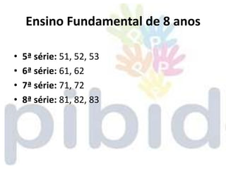 Ensino Fundamental de 8 anos

•   5ª série: 51, 52, 53
•   6ª série: 61, 62
•   7ª série: 71, 72
•   8ª série: 81, 82, 83
 