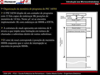 2006 UPE – POLI – Escola Politécnica de Pernambuco – Carlos Alberto Cunha – Engenharia Eletrônica
Introdução aos MicrocontralodoresIntrodução aos Microcontralodores
PICPIC
 Organização da memória de programa do PIC 16F84
 O PIC16F84 dispõe de um contador de programa
com 13 bits capaz de endereçar 8K posições de
memória de 14 bits. Neste µC só se encontra
implementado 1K com endereços de 0000h a 03FFh.
 A estrutura de stack apresenta um máximo de 8
níveis o que impõe uma limitação em termos de
chamadas a subrotinas dentro de outras subrotinas.
O vetor de reset corresponde à posição de memória
0000h enquanto que o vetor de interrupção se
encontra na posição 0004h.
 