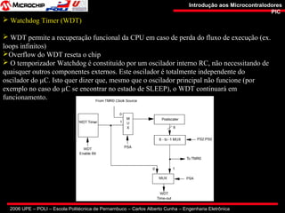 2006 UPE – POLI – Escola Politécnica de Pernambuco – Carlos Alberto Cunha – Engenharia Eletrônica
Introdução aos MicrocontralodoresIntrodução aos Microcontralodores
PICPIC
 Watchdog Timer (WDT)
 WDT permite a recuperação funcional da CPU em caso de perda do fluxo de execução (ex.
loops infinitos)
Overflow do WDT reseta o chip
 O temporizador Watchdog é constituído por um oscilador interno RC, não necessitando de
quaisquer outros componentes externos. Este oscilador é totalmente independente do
oscilador do µC. Isto quer dizer que, mesmo que o oscilador principal não funcione (por
exemplo no caso do µC se encontrar no estado de SLEEP), o WDT continuará em
funcionamento.
 