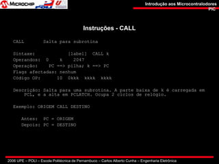 2006 UPE – POLI – Escola Politécnica de Pernambuco – Carlos Alberto Cunha – Engenharia Eletrônica
Introdução aos MicrocontralodoresIntrodução aos Microcontralodores
PICPIC
Instruções - CALLInstruções - CALL
CALL Salta para subrotina
Sintaxe: [label] CALL k
Operandos: 0 k 2047
Operação: PC ==> pilha; k ==> PC
Flags afectadas: nenhum
Código OP: 10 0kkk kkkk kkkk
Descrição: Salta para uma subrotina. A parte baixa de k é carregada em
PCL, e a alta em PCLATCH. Ocupa 2 ciclos de relógio.
Exemplo: ORIGEM CALL DESTINO
Antes: PC = ORIGEM
Depois: PC = DESTINO
 