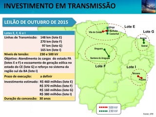 500 kV
230 kV
Vila do Conde
Marituba
Castanhal
Utinga Lote E
Xinguara
Santana do Araguaia
Lote F
Lotes E, F, G e I
Linhas ...