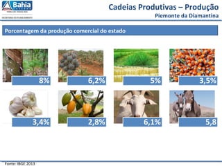 Cadeias Produtivas – Produção
Piemonte da Diamantina
Fonte: IBGE 2013
Porcentagem da produção comercial do estado
 