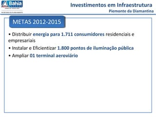 Investimentos em Infraestrutura
Piemonte da Diamantina
• Distribuir energia para 1.711 consumidores residenciais e
empresariais
• Instalar e Eficientizar 1.800 pontos de iluminação pública
• Ampliar 01 terminal aeroviário
METAS 2012-2015
 