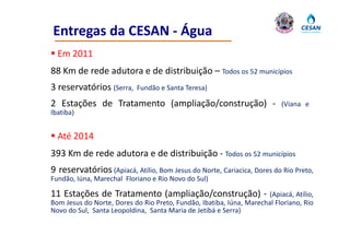 Entregas da CESAN ‐ Água
 Em 2011
88 Km d rede adutora e d di ib i ã – Todos os 52 municípios
      de d d           de distribuição
3 reservatórios (Serra,    Fundão e Santa Teresa)

2 Estações de Tratamento (ampliação/construção) ‐                         (Viana e
Ibatiba)


 Até 2014
393 K d rede adutora e d di t ib i ã ‐ Todos os 52 municípios
    Km de d d t        de distribuição d                í

9 reservatórios (Apiacá, Atílio, Bom Jesus do Norte, Cariacica, Dores do Rio Preto,
Fundão, Iúna,
Fundão Iúna Marechal Floriano e Rio Novo do Sul)

11 Estações de Tratamento (ampliação/construção) ‐                   (Apiacá, Atílio,
Bom Jesus do Norte, Dores do Rio Preto, Fundão, Ibatiba, Iúna, Marechal Floriano, Rio
Novo do Sul, Santa Leopoldina, Santa Maria de Jetibá e Serra)
                                                   á        )
 