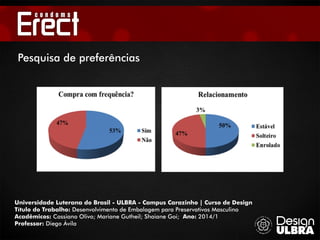 Universidade Luterana do Brasil - ULBRA - Campus Carazinho | Curso de Design
Título do Trabalho: Desenvolvimento de Embalagem para Preservativos Masculino
Acadêmicos: Cassiano Olivo; Mariane Gutheil; Shaiane Goi; Ano: 2014/1
Professor: Diego Ávila
Pesquisa de preferências
 