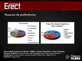 Universidade Luterana do Brasil - ULBRA - Campus Carazinho | Curso de Design
Título do Trabalho: Desenvolvimento de Embalagem para Preservativos Masculino
Acadêmicos: Cassiano Olivo; Mariane Gutheil; Shaiane Goi; Ano: 2014/1
Professor: Diego Ávila
Pesquisa de preferências
 