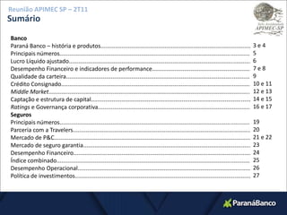 Reunião APIMEC SP – 2T11Sumário3 e 4567 e 8910 e 1112 e 1314 e 1516 e 17192021 e 222324252627BancoParaná Banco – história e produtos...............................................................................................Principais números............................................................................................................................Lucro Líquido ajustado.........................................................................................................................Desempenho Financeiro e indicadores de performance.................................................................Qualidade da carteira.......................................................................................................................Crédito Consignado.........................................................................................................................MiddleMarket..................................................................................................................................Captação e estrutura de capital..........................................................................................................Ratings e Governança corporativa..................................................................................................SegurosPrincipais números............................................................................................................................Parceria com a Travelers...............................................................................................................Mercado de P&C..............................................................................................................................Mercado de seguro garantia...........................................................................................................Desempenho Financeiro...............................................................................................................`´InÍndice combinado...........................................................................................................................Desempenho Operacional............................................................................................................Política de investimentos..................................................................................................................