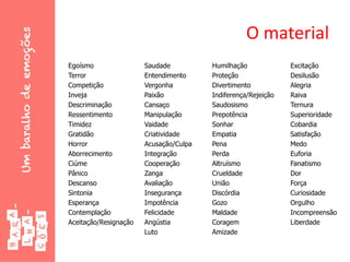 O material
Egoísmo
Terror
Competição
Inveja
Descriminação
Ressentimento
Timidez
Gratidão
Horror
Aborrecimento
Ciúme
Pânico
Descanso
Sintonia
Esperança
Contemplação
Aceitação/Resignação
Saudade
Entendimento
Vergonha
Paixão
Cansaço
Manipulação
Vaidade
Criatividade
Acusação/Culpa
Integração
Cooperação
Zanga
Avaliação
Insegurança
Impotência
Felicidade
Angústia
Luto
Humilhação
Proteção
Divertimento
Indiferença/Rejeição
Saudosismo
Prepotência
Sonhar
Empatia
Pena
Perda
Altruísmo
Crueldade
União
Discórdia
Gozo
Maldade
Coragem
Amizade
Excitação
Desilusão
Alegria
Raiva
Ternura
Superioridade
Cobardia
Satisfação
Medo
Euforia
Fanatismo
Dor
Força
Curiosidade
Orgulho
Incompreensão
Liberdade
 