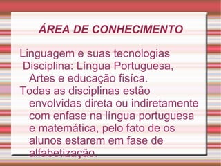 ÁREA DE CONHECIMENTO

Linguagem e suas tecnologias
Disciplina: Língua Portuguesa,
  Artes e educação fisíca.
Todas as disciplinas estão
  envolvidas direta ou indiretamente
  com enfase na língua portuguesa
  e matemática, pelo fato de os
  alunos estarem em fase de
  alfabetização.
 