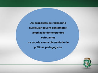 As propostas de redesenho
curricular devem contemplar:
ampliação do tempo dos

estudantes
na escola e uma diversidade de
práticas pedagógicas.

 
