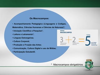 Os Macrocampos:
• Acompanhamento Pedagógico (Linguagens e Códigos,

Matemática, Ciências Humanas e Ciências da Natureza)*;
• Iniciação Científica e Pesquisa*;
• Leitura e Letramento*;
• Línguas Estrangeiras;
• Cultura Corporal;
• Produção e Fruição das Artes;
• Comunicação, Cultura Digital e uso de Mídias;

• Participação Estudantil.

* Macrocampos obrigatórios

 