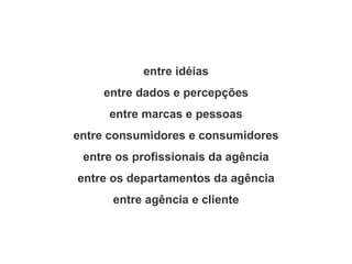 entre idéias entre dados e percepções entre marcas e pessoas entre consumidores e consumidores entre os profissionais da agência entre os departamentos da agência entre agência e cliente 