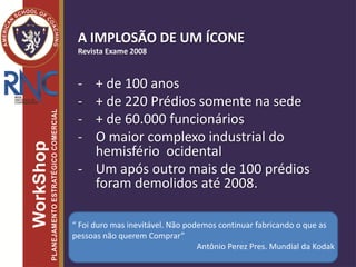 A IMPLOSÃO DE UM ÍCONE
Revista Exame 2008
- + de 100 anos
- + de 220 Prédios somente na sede
- + de 60.000 funcionários
- O maior complexo industrial do
hemisfério ocidental
- Um após outro mais de 100 prédios
foram demolidos até 2008.
“ Foi duro mas inevitável. Não podemos continuar fabricando o que as
pessoas não querem Comprar”
Antônio Perez Pres. Mundial da Kodak
 