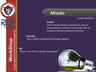Missão
Ambev
“Criar vínculos fortes e duradouros com os
consumidores e clientes, fornecendo-lhes as
melhores marcas, produtos e serviços.”
Sansung
“Ser a melhor empresa de soluções digitais”.
BIC
“Tornar mais fácil a vida do consumidor”.
Leyder Rodrigues
 