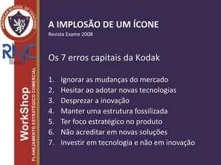 A IMPLOSÃO DE UM ÍCONE
Revista Exame 2008
Os 7 erros capitais da Kodak
1. Ignorar as mudanças do mercado
2. Hesitar ao adotar novas tecnologias
3. Desprezar a inovação
4. Manter uma estrutura fossilizada
5. Ter foco estratégico no produto
6. Não acreditar em novas soluções
7. Investir em tecnologia e não em inovação
 