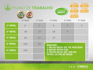 plano de trabalho
400 pv
1ª fase
6400 pv
3ª fase
75400 pv
5ª fase
1600 pv
2ª fase
22900 pv
4ª fase
1º nível
2º nível
3º nível
4º nível
5º nível
3
2736
5481
162
243
81
27
18 9
3 3 3 3
1ª fase 2ª fase 3ª fase 4ª fase 5ª fase
GANHOS:
1.980,00 REIAS DIF. DE ATACADO
8.900,00 ROYALTIES
5.700,00 REAIS DIF. ATA 8%
TOTAL: 16.500,00 REAIS
 