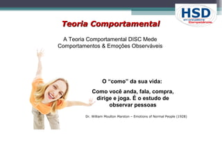 A Teoria Comportamental DISC Mede Comportamentos & Emoções Observáveis O “como” da sua vida:  Como você anda, fala, compra, dirige e joga. É o estudo de observar pessoas Dr. William Moulton Marston – Emotions of Normal People (1928) Teoria Comportamental 