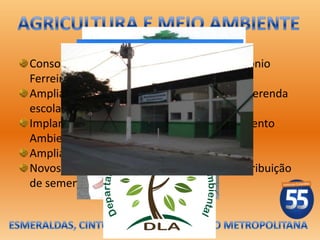 Consolidar o Mercado Municipal Carlos Antônio
Ferreira;
Ampliar o percentual da compra direta da merenda
escolar;
Implantar o Sistema Municipal de Licenciamento
Ambiental;
Ampliar o Programa Esmeraldas Mais Verde;
Novos tratores agrícolas e ampliação da distribuição
de sementes e insumos.
 
