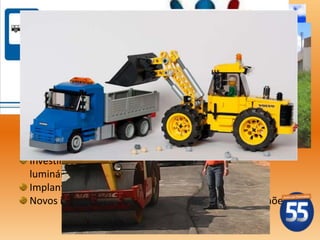 Pavimentação poliédrica e asfáltica de 60 km;
Municipalização do transporte coletivo e do trânsito;
Construir o Terminal Rodoviário Municipal;
Ampliar o Programa do Orçamento Participativo;
Implantar o Programa Esmeraldas cada vez mais limpa;
Investir R$ 2 milhões em extensão de rede elétrica e
luminárias;
Implantar o Programa de Regularização Fundiária;
Novos investimentos em máquinas, veículos e caminhões.
 