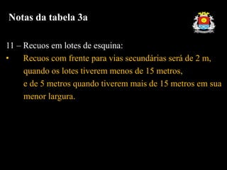 Notas da tabela 3a
11 – Recuos em lotes de esquina:
• Recuos com frente para vias secundárias será de 2 m,
quando os lotes tiverem menos de 15 metros,
e de 5 metros quando tiverem mais de 15 metros em sua
menor largura.
 