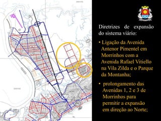 Diretrizes de expansão
do sistema viário:
• Ligação da Avenida
Antenor Pimentel em
Morrinhos com a
Avenida Rafael Vitiello
na Vila Zilda e o Parque
da Montanha;
• prolongamento das
Avenidas 1, 2 e 3 de
Morrinhos para
permitir a expansão
em direção ao Norte;
 
