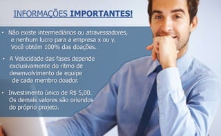 INFORMAÇÕES IMPORTANTES! 
• Não existe intermediários ou atravessadores, 
e nenhum lucro para a empresa x ou y. 
Você obtém 100% das doações. 
• A Velocidade das fases depende 
exclusivamente do ritmo de 
desenvolvimento da equipe 
de cada membro doador. 
• Investimento único de R$ 5,00. 
Os demais valores são oriundos 
do próprio projeto. 
 