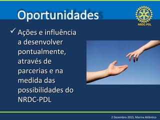 NRDC-PDLNRDC-PDL
2 Dezembro 2015, Marina Atlântico
 Ações e influênciaAções e influência
a desenvolvera desenvolver
pontualmente,pontualmente,
através deatravés de
parcerias e naparcerias e na
medida dasmedida das
possibilidades dopossibilidades do
NRDC-PDLNRDC-PDL
 