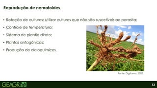 13
• Rotação de culturas: utilizar culturas que não são suscetíveis ao parasita;
• Controle de temperatura;
• Sistema de plantio direto;
• Plantas antagônicas;
• Produção de aleloquímicos.
Reprodução de nematoides
Fonte: Digifarmz, 2023.
 