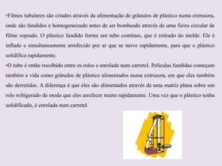 •Filmes tubulares são criados através da alimentação de grânulos de plástico numa extrusora,
onde são fundidos e homogeneizado antes de ser bombeado através de uma fieira circular de
filme soprado. O plástico fundido forma um tubo contínuo, que é retirado do molde. Ele é
inflado e simultaneamente arrefecido por ar que se move rapidamente, para que o plástico
solidifica rapidamente.

•O tubo é então recolhido entre os rolos e enrolada num carretel. Películas fundidas começam
também a vida como grânulos de plástico alimentados numa extrusora, em que eles também
são derretidas. A diferença é que eles são alimentados através de uma matriz plana sobre um
rolo refrigerado de modo que eles arrefecer muito rapidamente. Uma vez que o plástico tenha

solidificado, é enrolada num carretel.

 