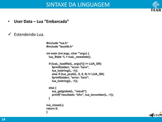 SINTAXE DA LINGUAGEM
14
• User Data – Lua “Embarcada”
 Estendendo Lua.
#include "lua.h“
#include "lauxlib.h“
int main (int argc, char **argv) {
lua_State *L = luaL_newstate();
if (luaL_loadfile(L, argv[1]) != LUA_OK)
fprintf(stderr, "error: %sn",
lua_tostring(L, -1));
else if (lua_pcall(L, 0, 0, 0) != LUA_OK)
fprintf(stderr, "error: %sn",
lua_tostring(L, -1));
else {
lua_getglobal(L, "result");
printf("resultado: %fn", lua_tonumber(L, -1));
}
lua_close(L);
return 0;
}
 