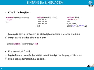 SINTAXE DA LINGUAGEM
9
• Criação de Funções
function name(p1,p2,p3)
local x = p1
local y = p2
local z = p3
end
function name(parameters)
return
end
function teste()
return 10,20
end
x,y = teste()
print("X = "..x.." Y = "..y)
 Lua ainda tem a vantagem de atribuição múltipla e retorno múltiplo
 Funções são criadas dinamicamente
Sintaxe function (<pars>) <body> end
 Cria uma nova função
 Equivalente a notação (lambda (<pars) <body>) da linguagem Scheme
 Esta é uma abstração no λ -cálculo.
 