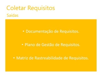 Coletar Requisitos
Saídas

• Documentação de Requisitos.
• Plano de Gestão de Requisitos.

• Matriz de Rastreabilidade de Requisitos.

 