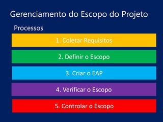 Gerenciamento do Escopo do Projeto
Processos
1. Coletar Requisitos
2. Definir o Escopo

3. Criar o EAP
4. Verificar o Escopo

5. Controlar o Escopo

 